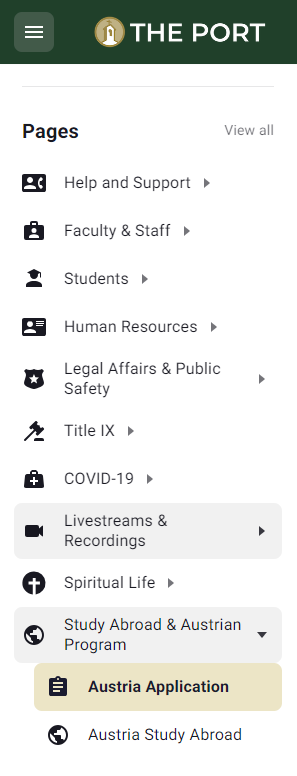 Screenshot showing Austria Application in the menus on the Port. It appears under Pages and Study Abroad & Austrian Program.